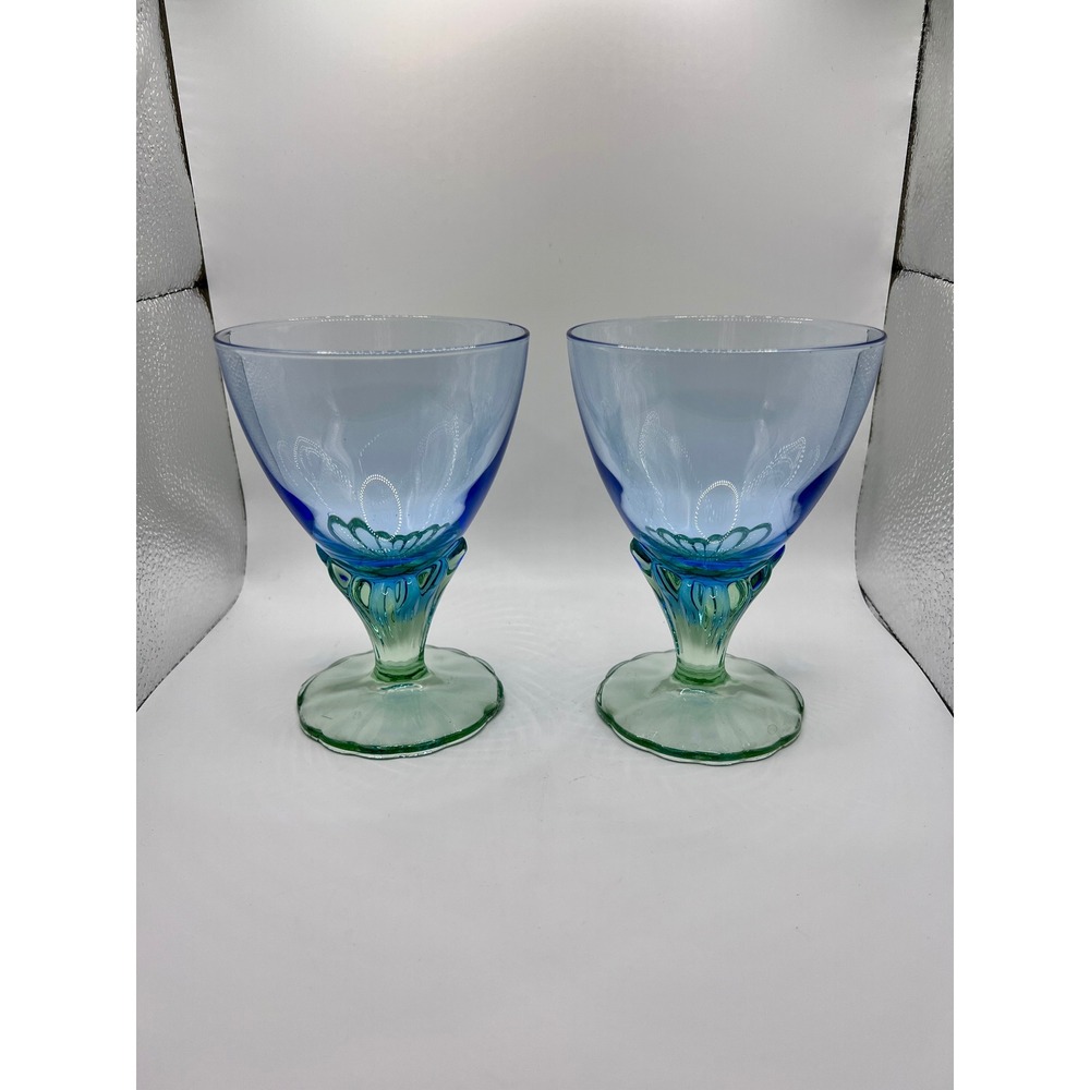 Bormioli Rocco Bahia Water Wine Glass Set 2 Blue Green Excellent Italy 1980s 5.5